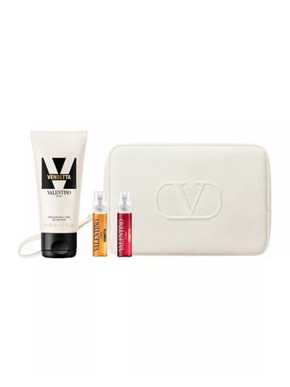 Authentic Valentino Cream Embossed V Logo makeup bag 4 piece travel set